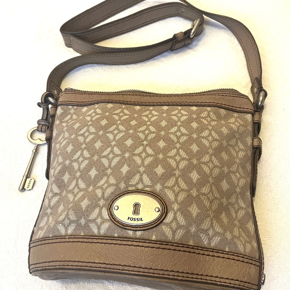 🔥🔥 FOSSIL MADDOX Beige Canvas / Leather Messenger Crossbody Bucket Bag